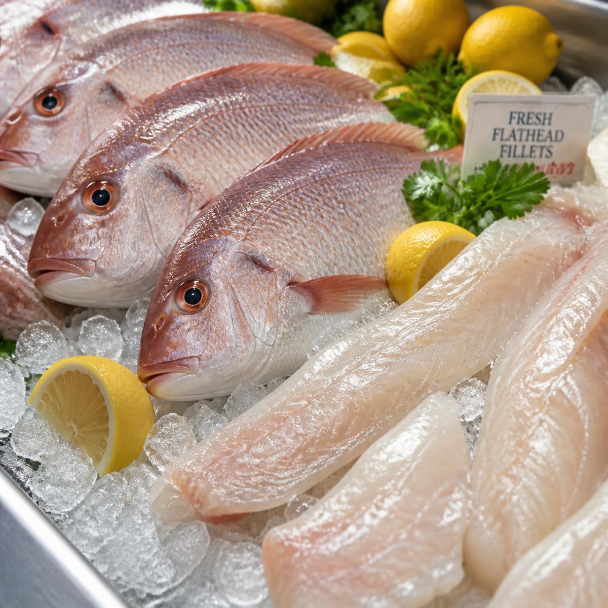 Fresh snapper and flathead fillets on ice