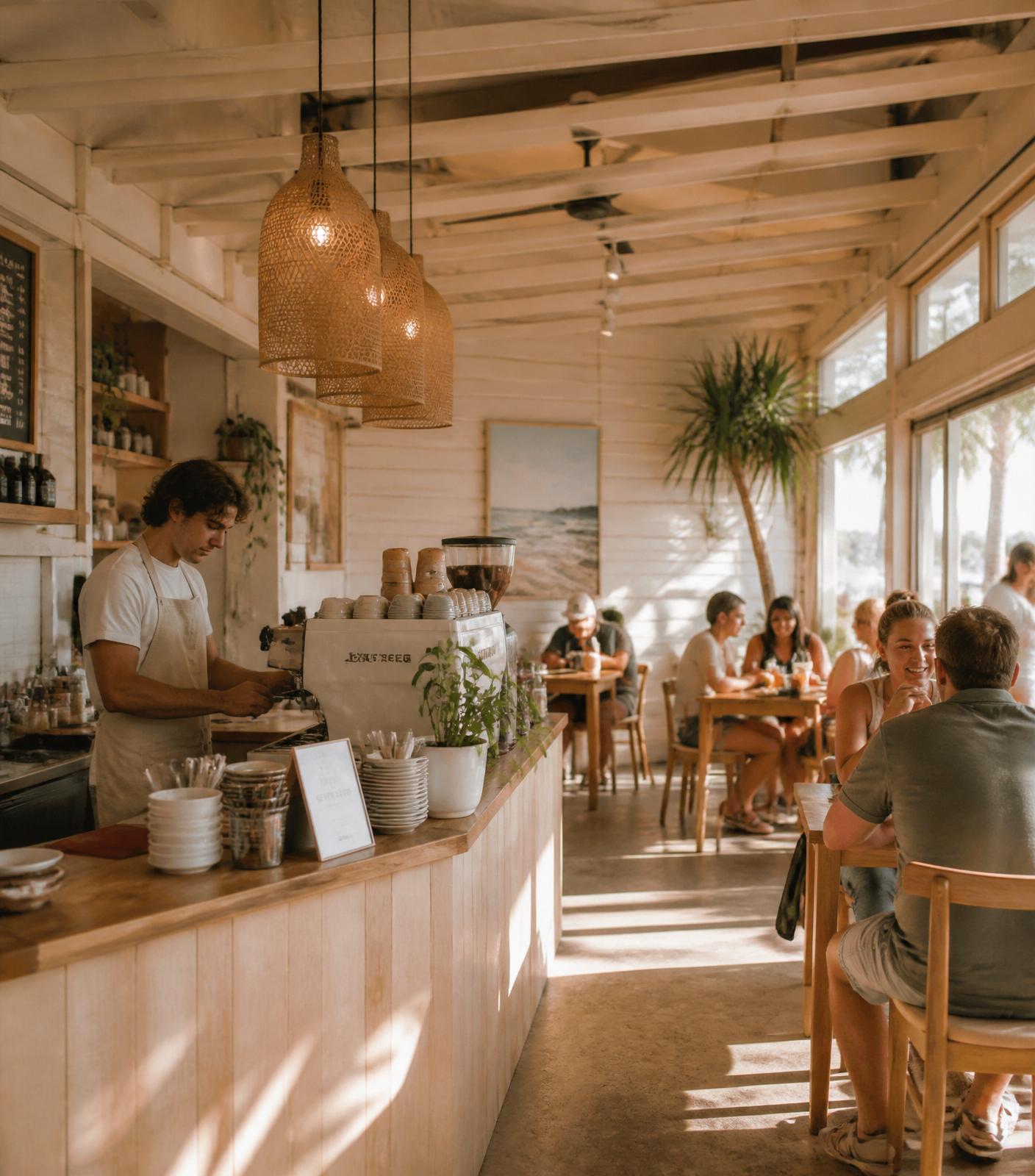 Barista pulling espresso in the sunlit interior of Coastline Roast