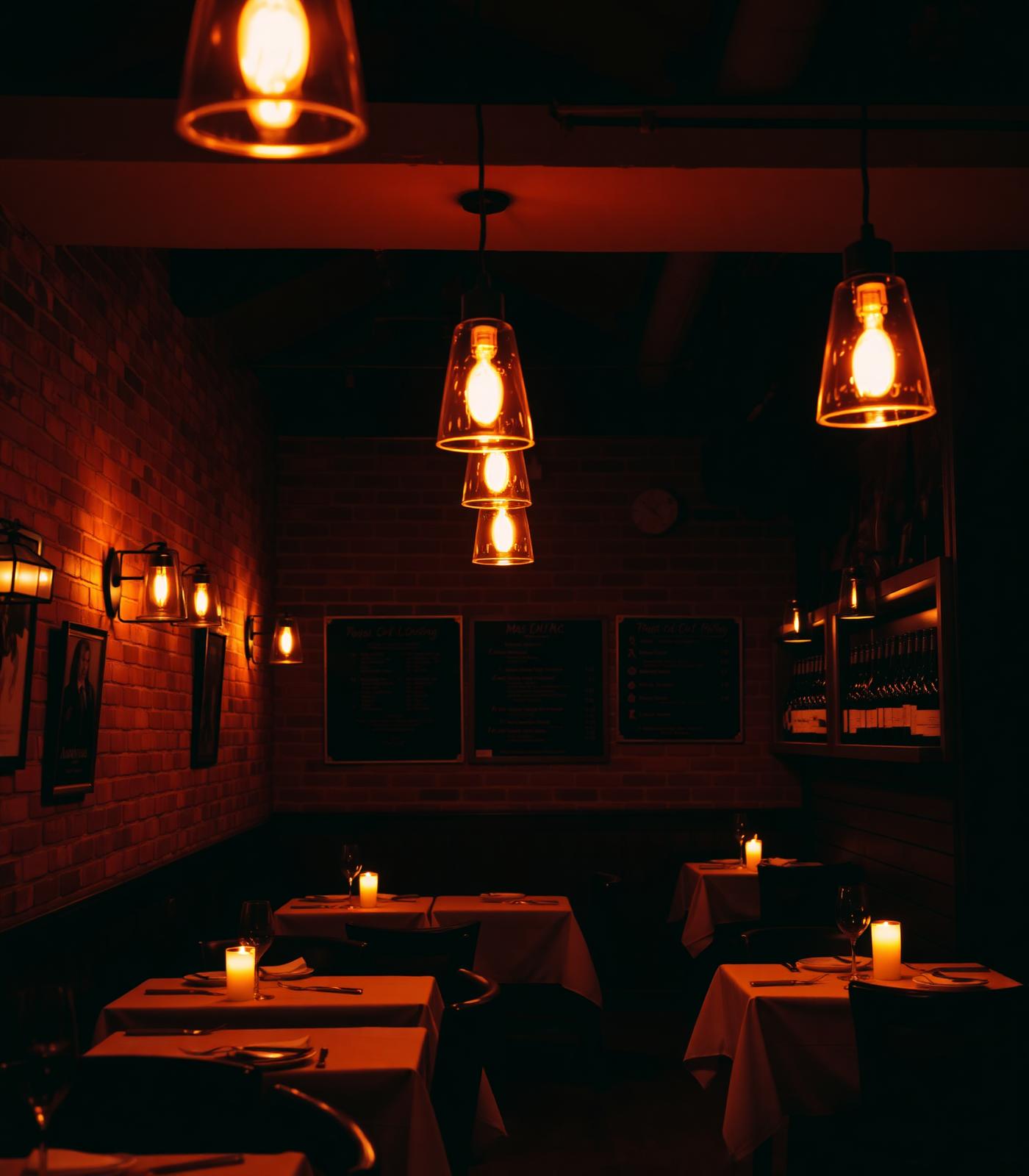 Warm intimate interior of Bella's Pasta Bar at dusk