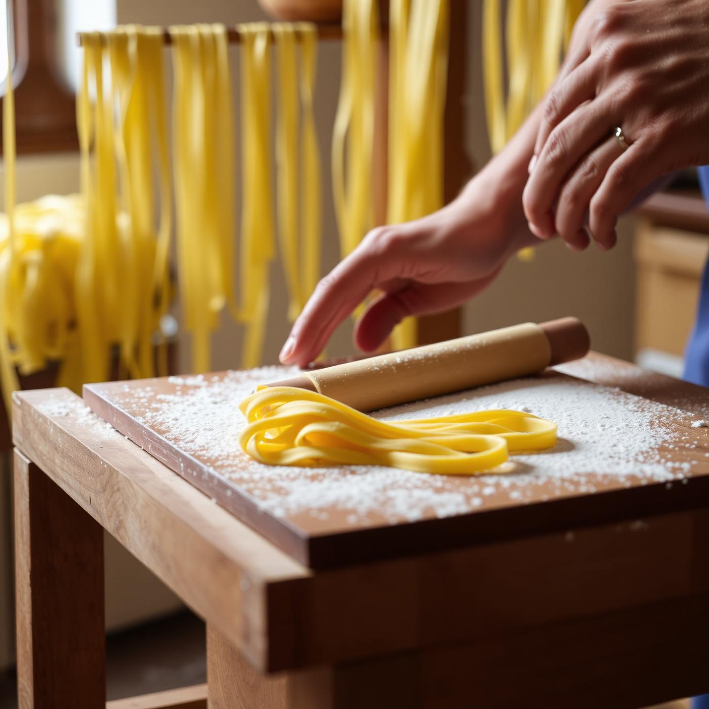 Hands rolling fresh tagliatelle on a flour-dusted timber bench, drying rack behind